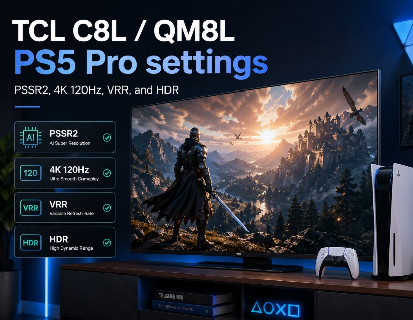 TCL C8L / QM8L PS5 Pro settings: PSSR2, 4K 120Hz, VRR, and HDR