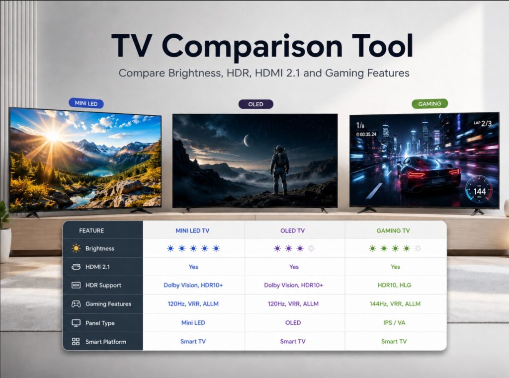 TV Comparison Tool — compare brightness, HDR, HDMI 2.1 and gaming features