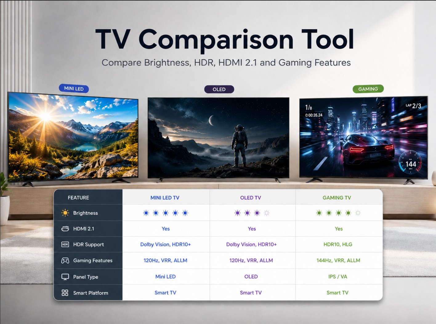 TV Comparison Tool — compare brightness, HDR, HDMI 2.1 and gaming features