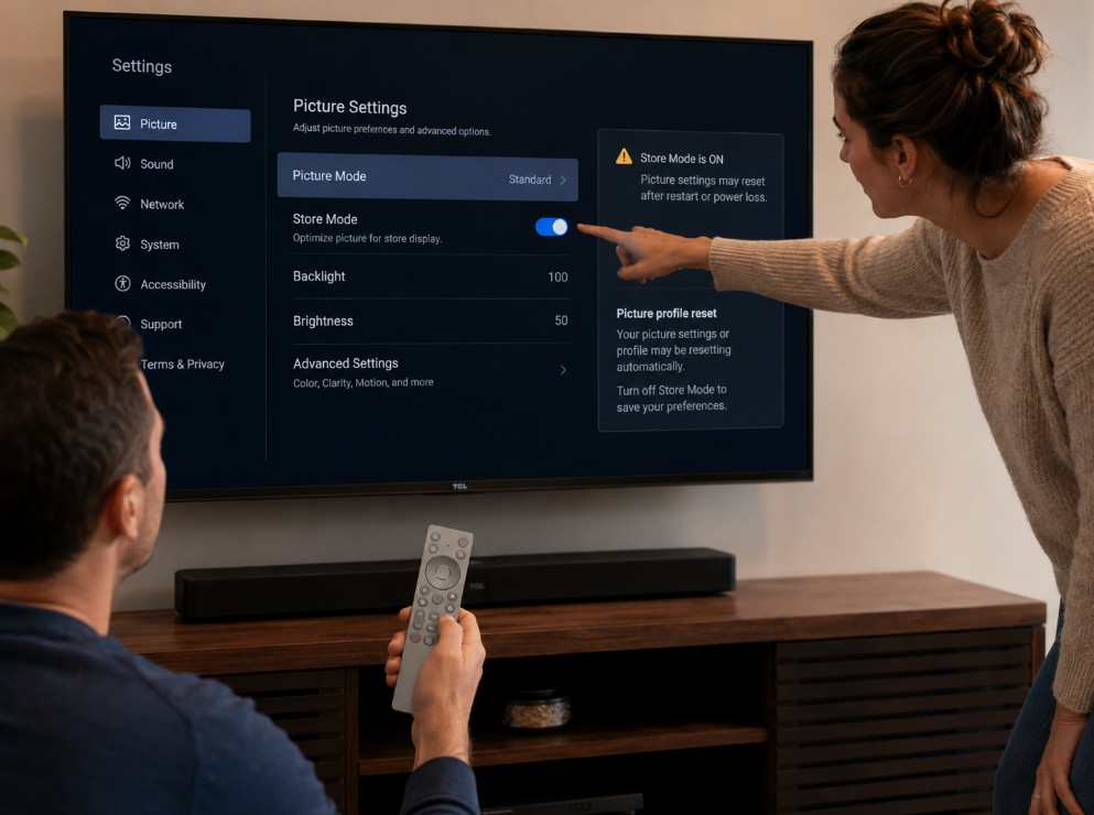 TCL picture settings keep resetting — stop Store Mode and profile resets