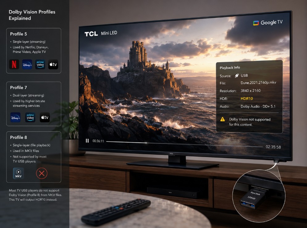 TCL Dolby Vision not working from USB or MKV — profiles and player limits
