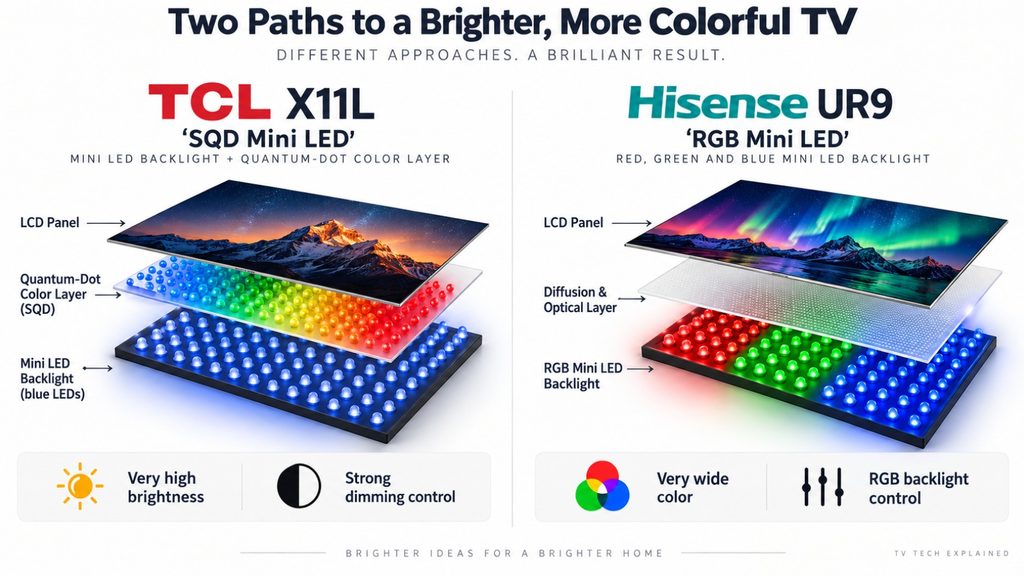 TCL X11L vs Hisense UR9: 75-Inch SQD vs RGB Mini LED